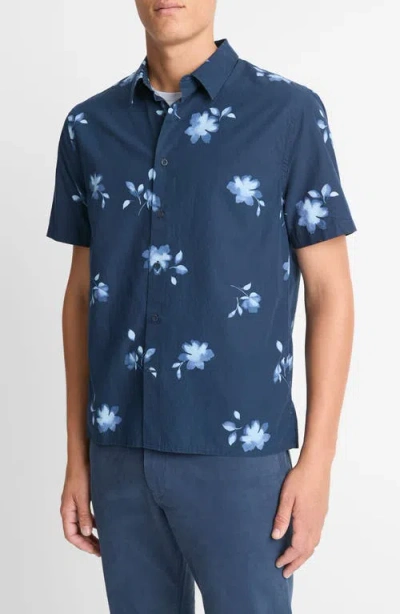 Vince Cascading Floral Short Sleeve Button-up Shirt In Blue