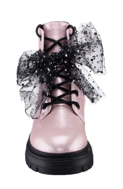 Nina Kids' Tink Crystal Mesh Bow Glitter Combat Boot In Pink