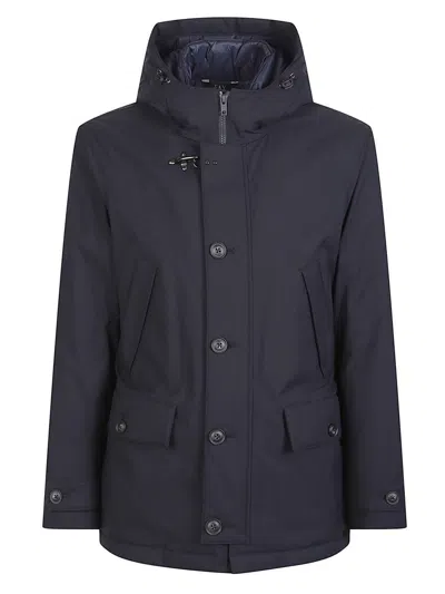 Fay Navy Hooded Coat With Button And Zipper Closure In Blue