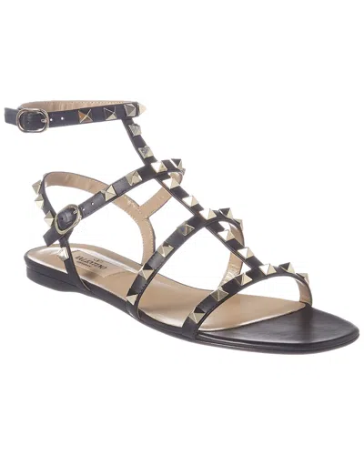 Valentino Garavani Rockstud Flat Calfskin Sandal With Straps Woman Black 40 In Multi