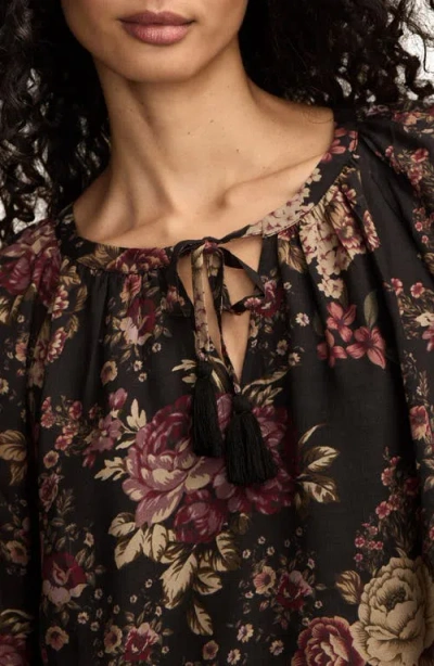 Lucky Brand Floral Print Tie Neck Top In Multi