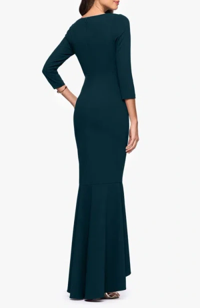 Betsy & Adam Ruffle Scuba Crepe Faux Wrap High-low Mermaid Gown In Green