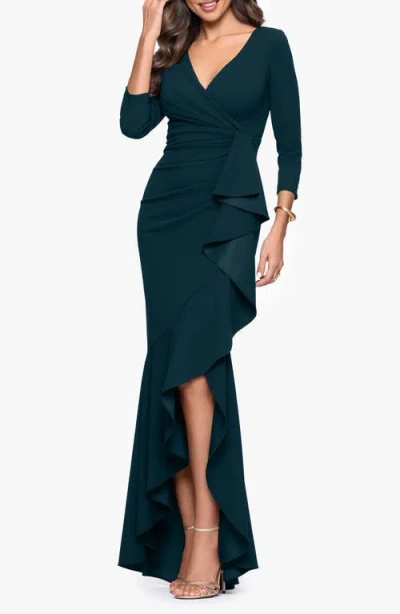 Betsy & Adam Ruffle Scuba Crepe Faux Wrap High-low Mermaid Gown In Green