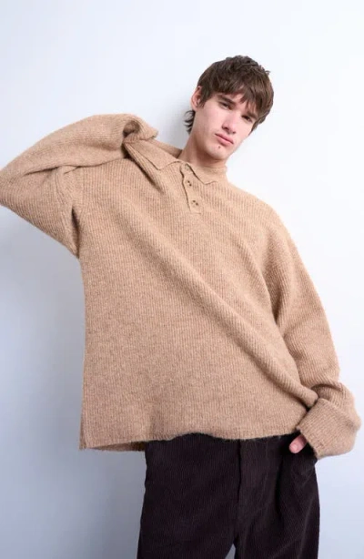 Topman Oversize Rib Polo Sweater In Gray