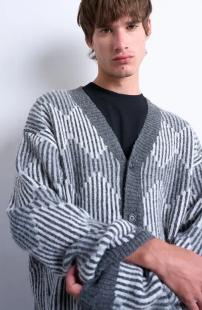 Topman Diamond V-neck Cardigan In Gray