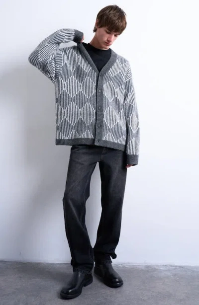 Topman Diamond V-neck Cardigan In Gray