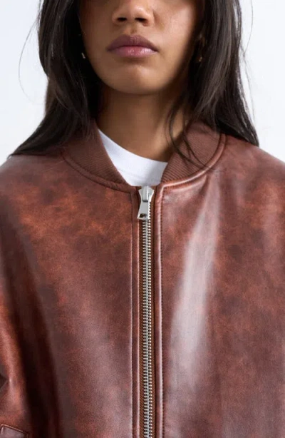Topshop Oversize Faux Leather Bomber Jacket In Brown