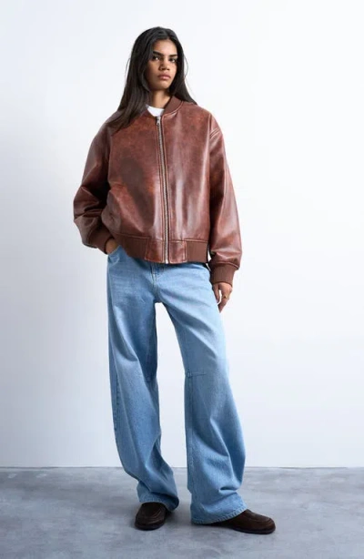 Topshop Oversize Faux Leather Bomber Jacket In Brown