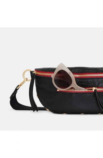 Hammitt Charles Crossbody Black Brushed Gold Red Zip Med