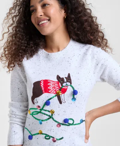 Holiday Lane Women's Embroidered Dog Graphic Sweater, Macy's Exclusive In White