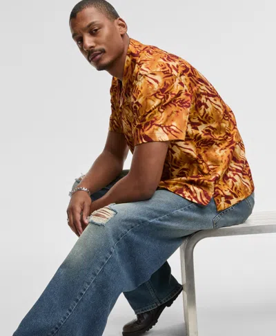 Mode Of One Men's Relaxed-fit Zebra Camp Shirt, Macy's Exclusive In Orange