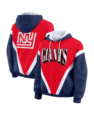 Wear By Erin Andrews Women's Red/royal New York Giants Retro Crinkle Full-zip Hoodie Windbreaker In Multi