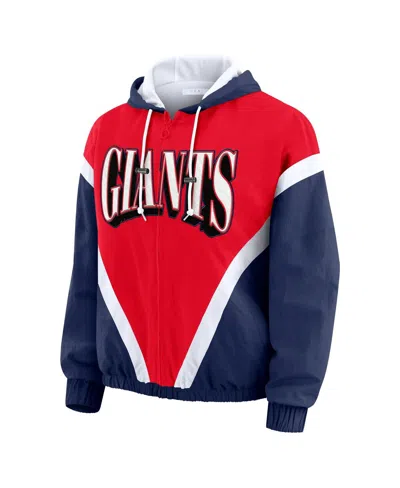 Wear By Erin Andrews Women's Red/royal New York Giants Retro Crinkle Full-zip Hoodie Windbreaker In Multi