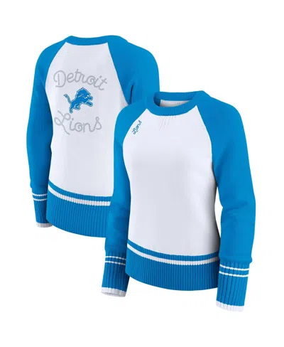 Wear By Erin Andrews Women's White/blue Detroit Lions Color Block Raglan Sweater In Multi