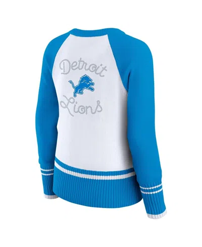 Wear By Erin Andrews Women's White/blue Detroit Lions Color Block Raglan Sweater In Multi