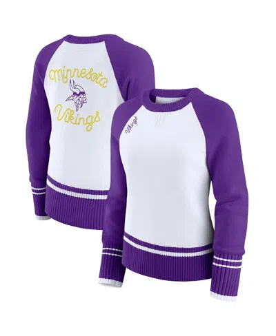 Wear By Erin Andrews Women's White/purple Minnesota Vikings Color Block Raglan Sweater In Multi