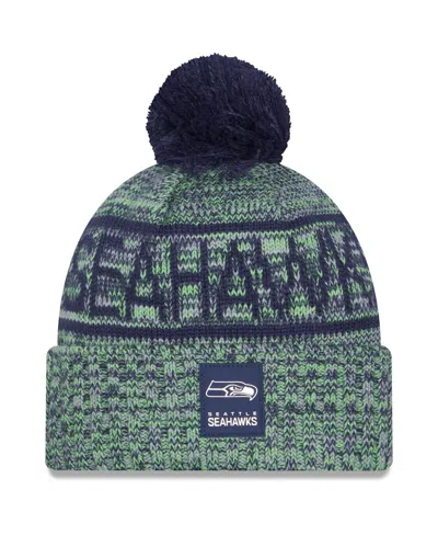 New Era Men's Neon Green Seattle Seahawks 2025 Sideline Cold Weather Cuffed Pom With Knit Hat In Green