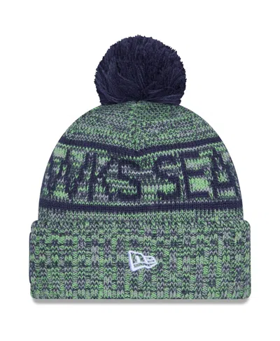 New Era Men's Neon Green Seattle Seahawks 2025 Sideline Cold Weather Cuffed Pom With Knit Hat In Green