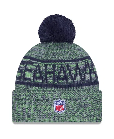 New Era Men's Neon Green Seattle Seahawks 2025 Sideline Cold Weather Cuffed Pom With Knit Hat In Green