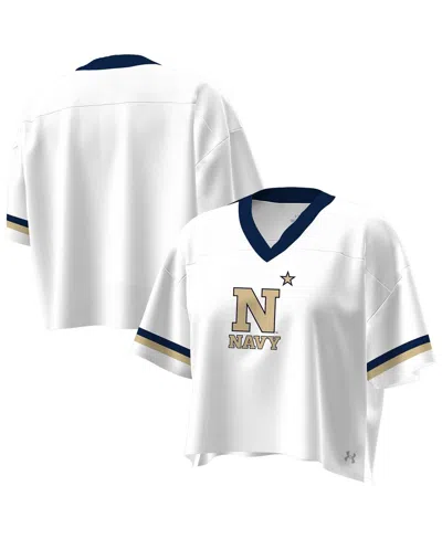 Under Armour Women's White Navy Midshipmen Fashion Jersey Boxy Cropped V-neck T-shirt In White