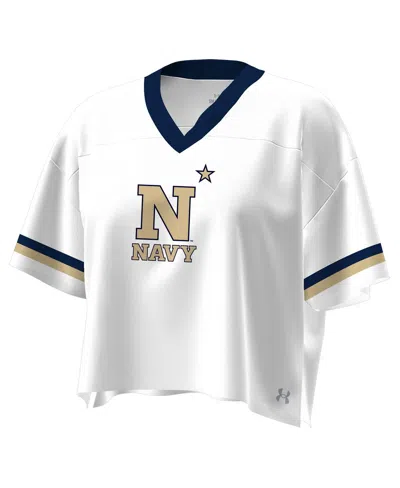 Under Armour Women's White Navy Midshipmen Fashion Jersey Boxy Cropped V-neck T-shirt In White