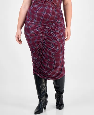 Bar Iii Trendy Plus Plaid Asymmetric-ruching Top, Macy's Exclusive In Purple