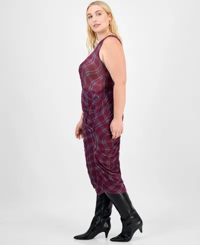 Bar Iii Trendy Plus Plaid Asymmetric-ruching Top, Macy's Exclusive In Purple