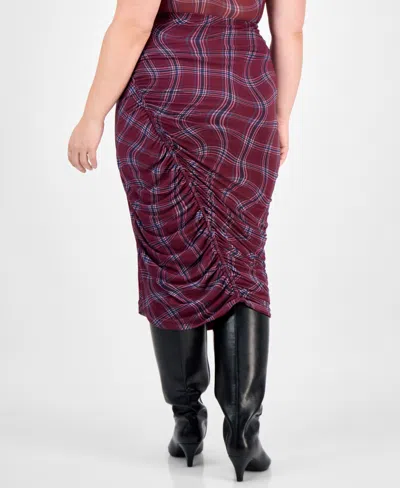 Bar Iii Trendy Plus Plaid Asymmetric-ruching Top, Macy's Exclusive In Purple