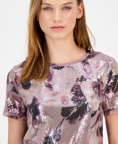 Anne Klein Women's Sequin Floral-print Crewneck T-shirt In Pink
