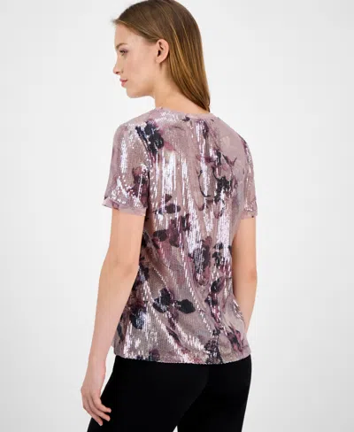 Anne Klein Women's Sequin Floral-print Crewneck T-shirt In Pink