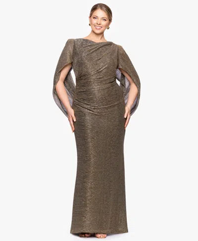 Betsy & Adam Women'sâ Long Metallic Crinkle Drape Back Boat Neck Dress In Brown