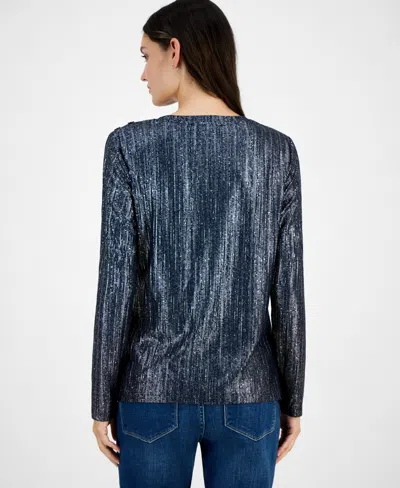 Tommy Hilfiger Women's Shine Ribbed Knit Long-sleeve Top In Blue