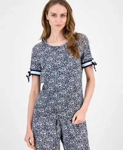 Tommy Hilfiger Women's Floral Tie-sleeve T-shirt In Gray