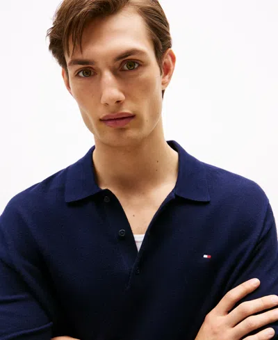 Tommy Hilfiger Men's Long-sleeve Polo Cotton Cashmere Sweater In Blue