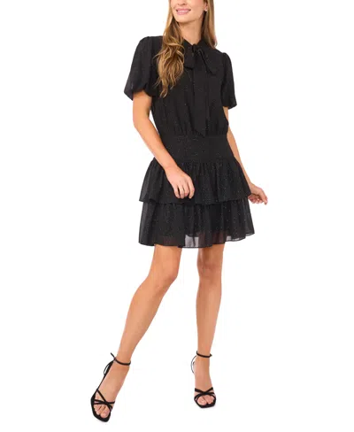 Cece Women's Puff Sleeve Tie Neck Dress In Black