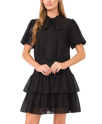 Cece Women's Puff Sleeve Tie Neck Dress In Black