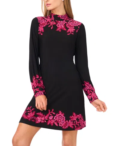 Cece Women's Border Print Long Sleeve Mock Neck Mini Dress In Black