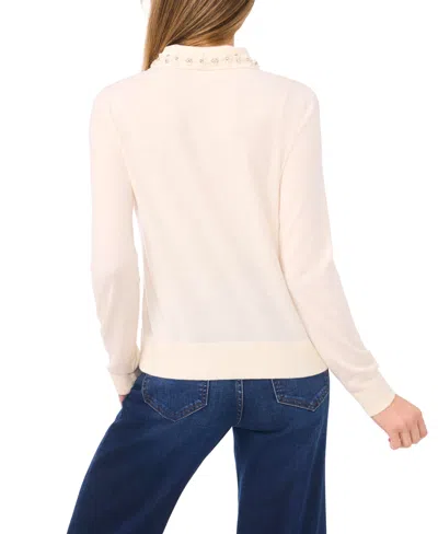 Cece Women's Collared Neck Embellished Polo Sweater In White