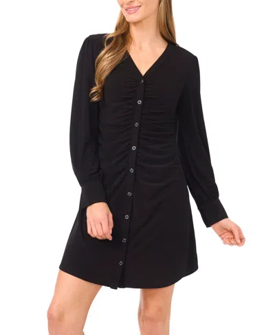 Cece Women's V-neck Button Down Long Sleeve Dress In Black