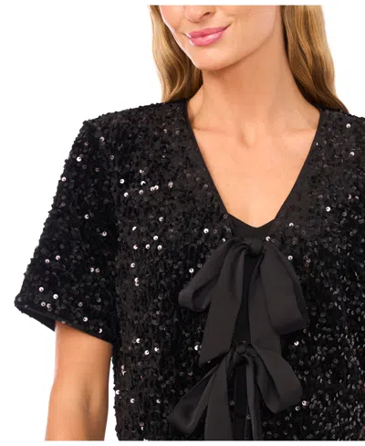 Cece Women's Cropped Velvet Sequin Short Sleeve Top In Black