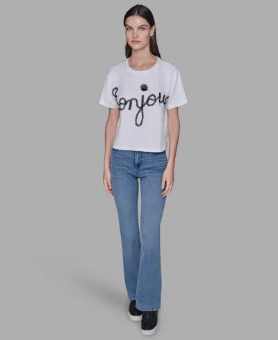 Karl Lagerfeld Women's Crewneck Bonjour Printed T-shirt In White