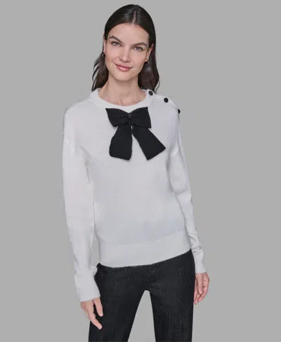 Karl Lagerfeld Front Bow Short Sleeve Sweater In White