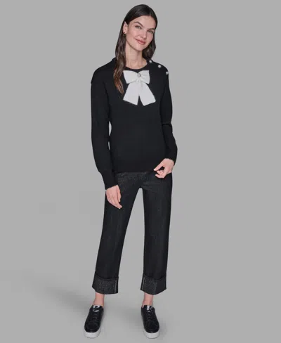 Karl Lagerfeld Women's Big Bow Applique Long Sleeve Sweater In Black