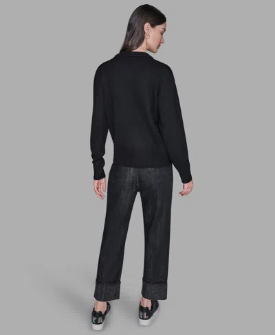 Karl Lagerfeld Women's Big Bow Applique Long Sleeve Sweater In Black