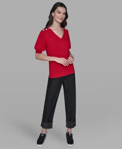 Karl Lagerfeld Women's V-neck Button Detail Sweater In Red