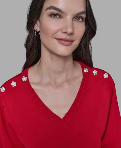 Karl Lagerfeld Women's V-neck Button Detail Sweater In Red