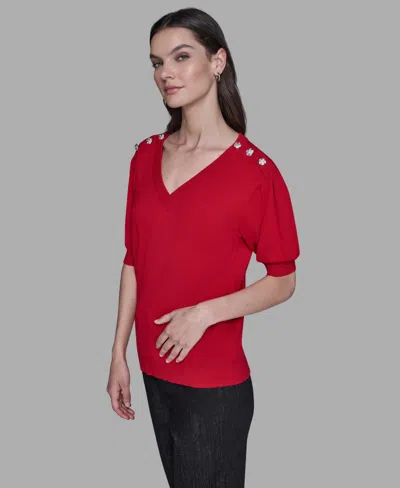 Karl Lagerfeld Women's V-neck Button Detail Sweater In Red