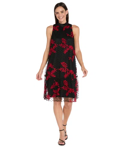 R & M Richards Petite Embroidered Mesh Trapeze Midi Dress In Red