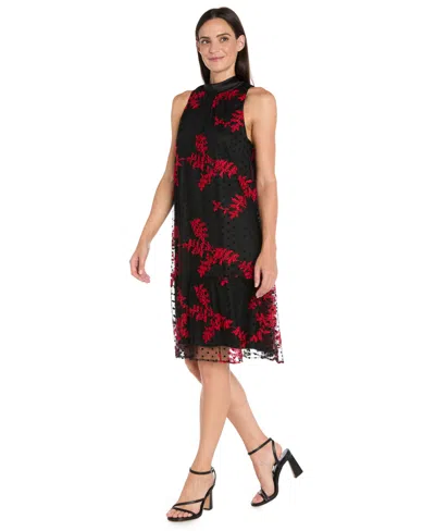 R & M Richards Petite Embroidered Mesh Trapeze Midi Dress In Red