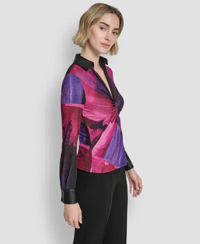 Dkny Petite Knot Front Long Sleeve Top In Multi
